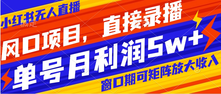 风口项目，小红书无人直播带货，直接录播，可矩阵，月入5w+-纵横项目网
