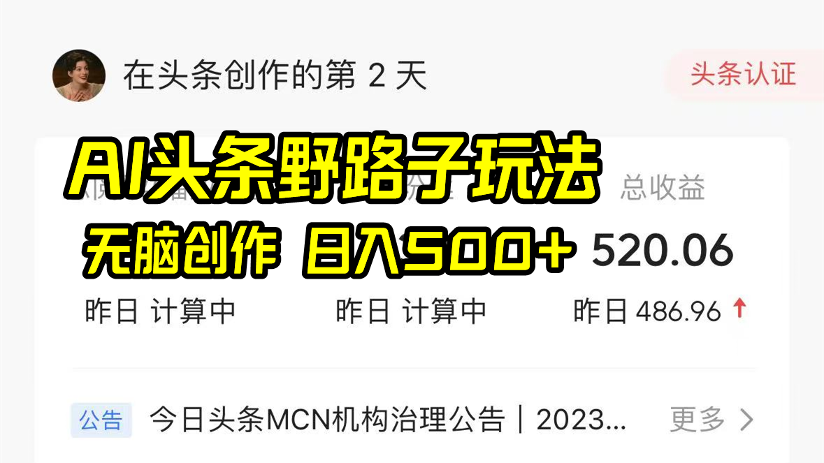 AI头条野路子玩法，无脑创作，日入500+-纵横项目网
