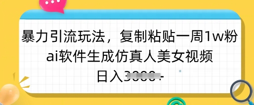 暴力引流玩法，复制粘贴一周1w粉，ai软件生成仿真人美女视频，日入多张-纵横项目网