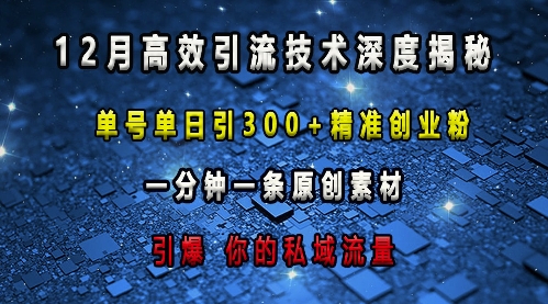 最新高效引流技术深度揭秘 ，单号单日引300+精准创业粉，一分钟一条原创素材，引爆你的私域流量-纵横项目网