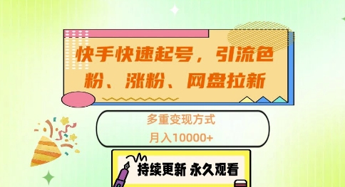 快手快速起号，引流s粉、涨粉、网盘拉新多重变现方式，月入1w【揭秘】-纵横项目网
