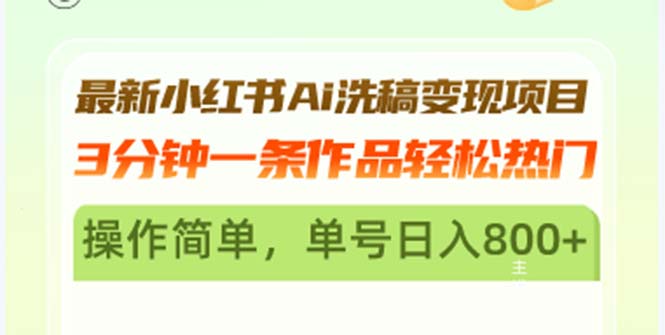 最新小红书Ai洗稿变现项目 3分钟一条作品轻松热门 操作简单，单号日入800+-纵横项目网