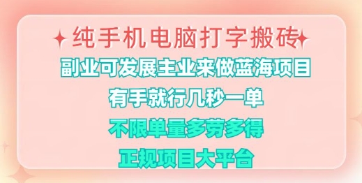 纯手机电脑打字搬砖，有手就行，几秒一单，多劳多得，正规项目大平台【揭秘】-纵横项目网