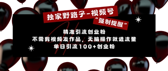 独家野路子利用视频号“强制提醒”，不需剪视频发作品，无脑操作就进流量，单日引流100+创业粉-纵横项目网