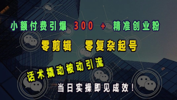 小额付费引爆 300 + 精准创业粉，零剪辑、零复杂起号，话术撬动被动引流，当日实操即见成效-纵横项目网